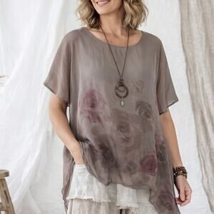 LOLA Made in Italy floral-print semi-sheer silk blouse lined Size small